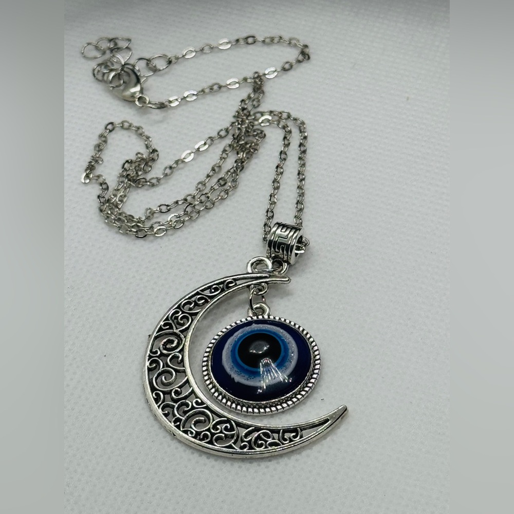 Silver Crescent Moon Pendant with Eye 🧿